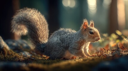 Fototapeta premium Alert Squirrel Foraging on Forest Floor, Illuminated by Soft Sunlight, Wildlife Stock Image