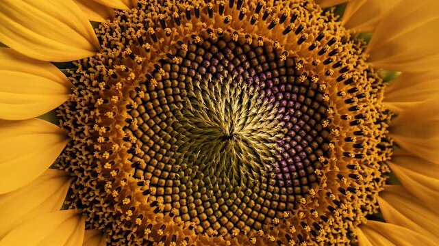 Close up of a vibrant yellow sunflower center with intricate spiral pattern and soft green background
