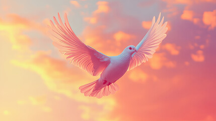 Obraz premium A graceful white dove in full flight, its wings outstretched against a vibrant pink and orange sunset sky with soft, glowing clouds. Ethereal and peaceful digital art