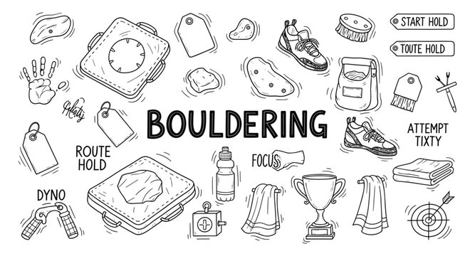 Bouldering sport equipment and accessories hand-drawn illustration
