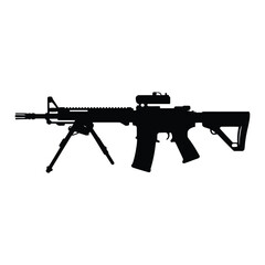 Military assault rifle silhouette with optical sight and bipod stand for tactical operations combat weapon design elements for army mission and defense graphics on transparent background