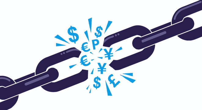 Financial Crisis Concept: Broken Chain Link Explodes with Global Currency Symbols ($ &acirc;&sbquo;&not; &Acirc;&yen; &Acirc;&pound;). Economic Instability and Market Shock Vector.
