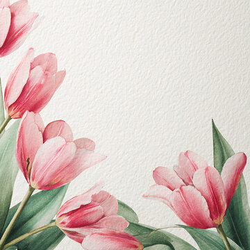 Hand-painted watercolor floral frame with pink tulip flowers, square botanical border, soft pastel petals, gentle romantic style, isolated on white background.