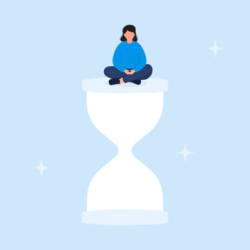 Woman sitting on giant hourglass for time management concept vector illustration