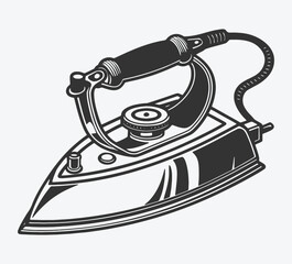 Vintage Electric Iron Illustration, Retro Household Appliance, Isolated Black and White