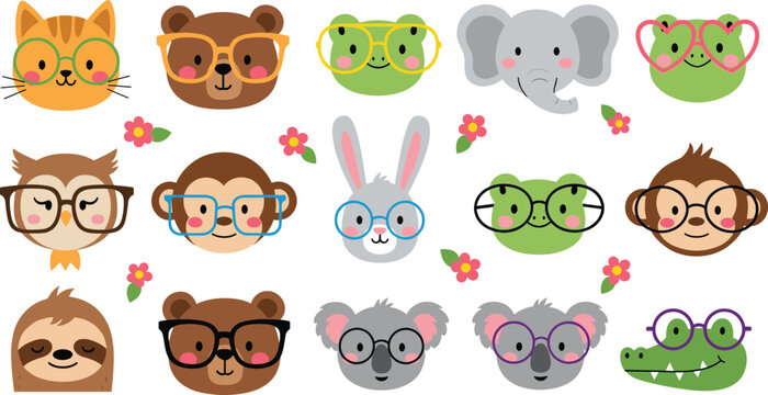 Cute animal face avatar set with eyeglasses featuring cat bear frog elephant rabbit monkey and woodland characters
