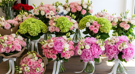 Naklejka premium A lot of flower bouquets at the florist shop on the table made of hydrangea, roses, peonies, eutomer in pink and sea green colors white background