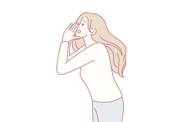 Blonde woman putting hands to mouth screaming inviting everyone to promotion or sale. Lady in casual clothes loudly calls you to pay attention using palms instead of megaphone. Flat vector design
