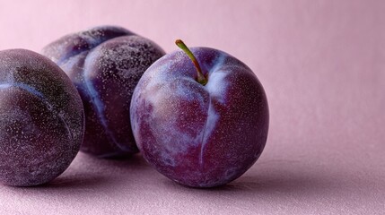 Obraz premium Plums displayed on a light pink surface with natural lighting in a simple setting