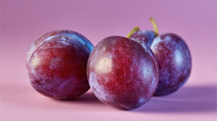Obraz premium Fresh plums placed on a pink background in a kitchen setting with soft lighting during daylight hours