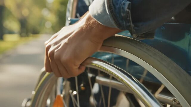 close up of caucasian man hand holding wheelchair wheel in sunny park. disabled person outdoor lifestyle. disability mobility and accessibility concept. social campaign background.