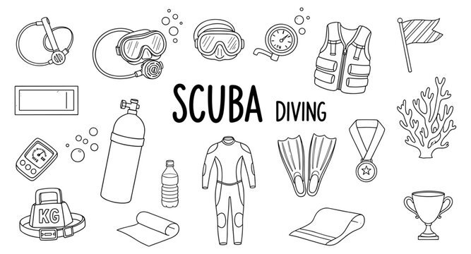 Collection of hand-drawn scuba diving equipment and symbols for underwater exploration