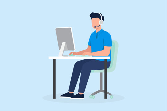 Customer support representative working on computer with headset flat vector illustration