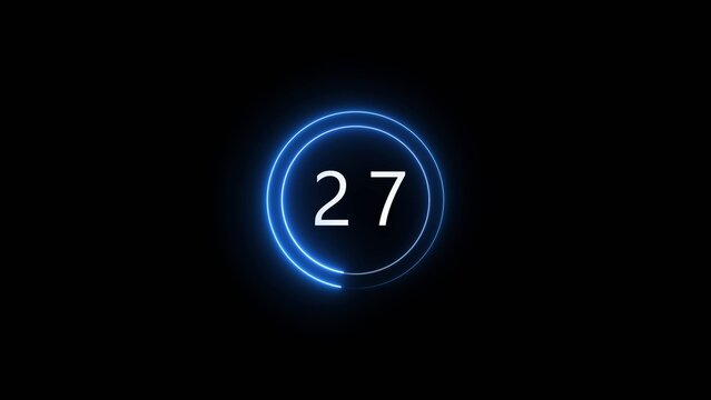 Countdown number with neon circle illustration.  Glowing countdown 27 second on black background.