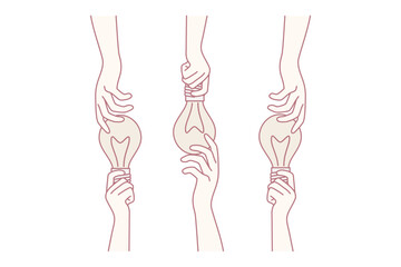 Hands with glowing light bulbs are metaphor for idea or thought-out solution to get rid of problem. People share and exchange development thought or brainstorm. Flat vector illustration