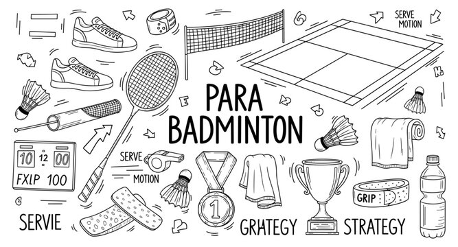 Para Badminton sport elements and equipment doodle illustration