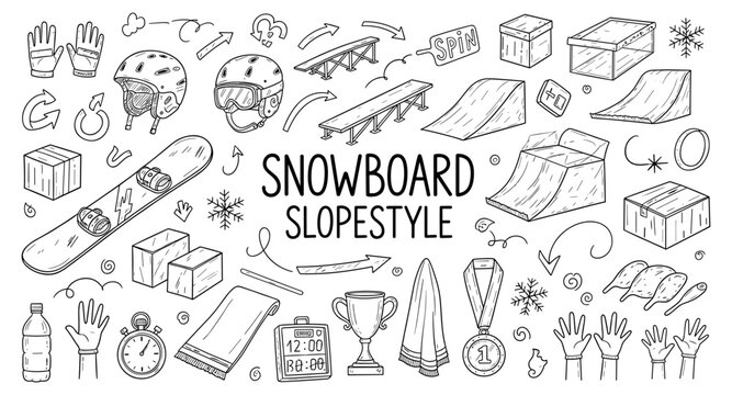 Hand-drawn snowboard slopestyle elements and icons for winter sports design