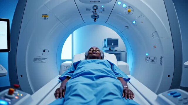african patient undergoing computed tomography scan in high-tech hospital room. ct scanner machine and monitors. radiology and healthcare. medical concept