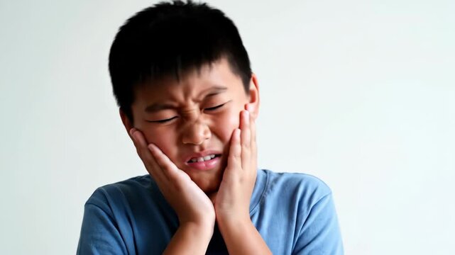asian boy suffering from strong toothache, holding cheeks with painful expression. child with dental problem isolated on white background. stomatology, healthcare concept. medical clinic