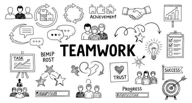Doodle style illustration of teamwork concepts including people, puzzles, and progress charts