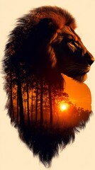 Naklejka premium Majestic profile silhouette of a lion's head, seamlessly blended with a vibrant sunset forest landscape. Warm orange and black tones create a powerful, artistic double-exposure effect.