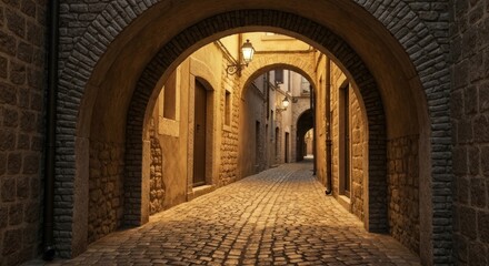 Fototapeta premium Arched stone passageway leads to lit street with cobblestone, evening light
