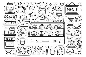 hand drawn doodle vector set of bakery display counters and pastry shop elements illustrated in a fun and playful style isolated on white background
