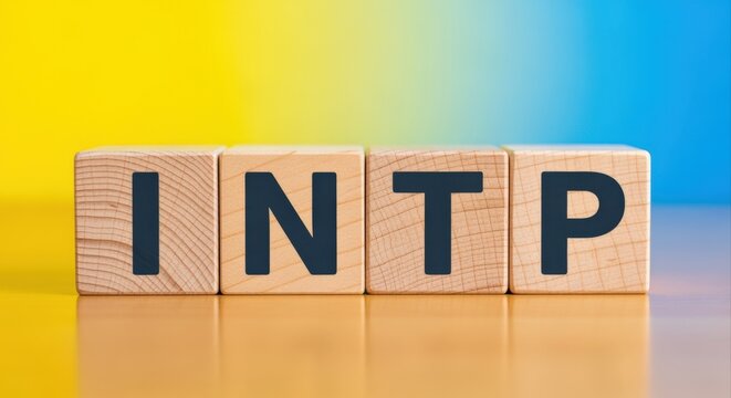 INTP Personality Type Letters on Wooden Blocks with Yellow and Blue Background, Myers-Briggs Type Indicator Concept