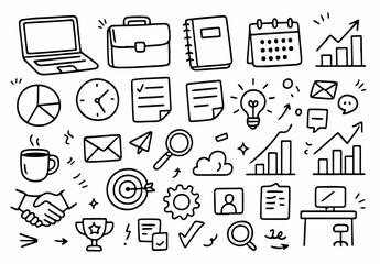 hand drawn doodle vector set of business and productivity icons illustrated in a fun and creative style isolated on white background
