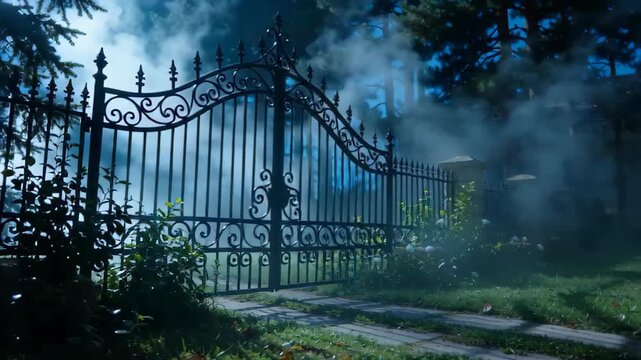 Mysterious wrought iron gate shrouded in fog with a pathway lined by green grass and faintly illuminated trees in a haunting atmosphere