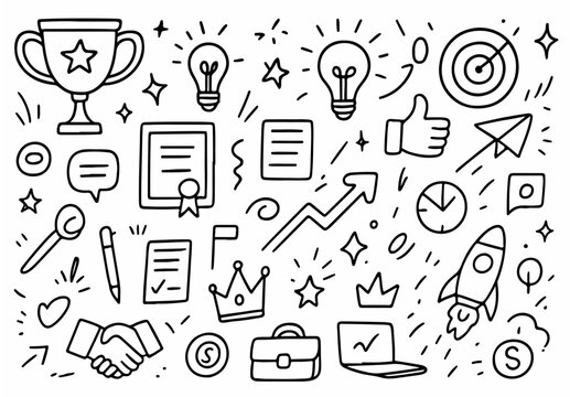 hand drawn doodle vector set of business success and achievement symbols illustrated in a creative and fun style isolated on white background
