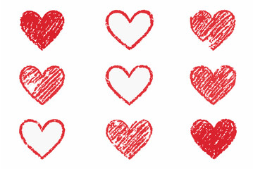 Hand-drawn doodle vector set of crayon textured heart shapes, designed in a fun, sketchy hand-drawn style, isolated on white background
