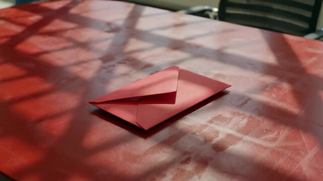 Red envelope placed on a vibrant red table, with sunlit shadows creating a pattern on the surface, suggesting anticipation and secrecy