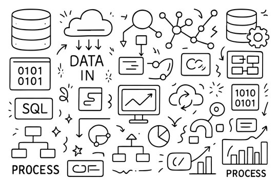 hand drawn doodle vector set of databases and data flow icons illustrated in a fun and creative style isolated on white background
