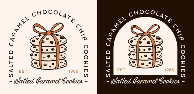 Caramel chocolate chip cookies flavor logo homemade salted cream sauce label for packaging design. Cookie stack with bow outline drawing fancy retro vintage dark aesthetic bakery illustration print.
