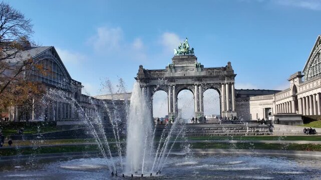Fountain in Brussels City, Belgium. Cinquantenaire Arch With Quadriga Statue In Brussels Park. 4k