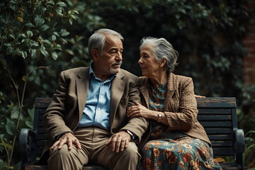 Fototapeta premium Senior Middle Eastern Couple Sitting on Bench in Park