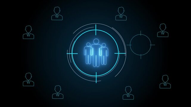 Business person analyzes data to identify customer target groups, refining marketing strategies. Tailoring messages to meet the specific needs. Motion graphics of target concept