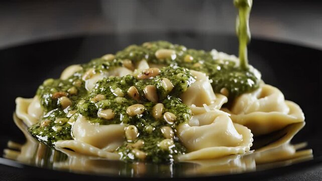 Close-up of pasta topped with pesto, pouring sauce, and pine nuts, resting on a black plate