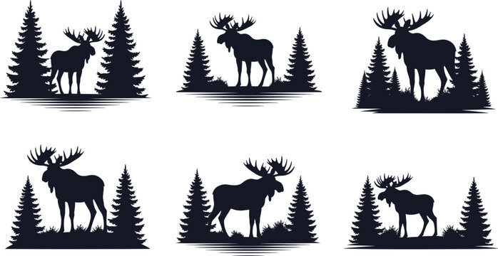Black moose silhouette set with pine trees and forest elements isolated on white background for rustic wildlife nature logo design