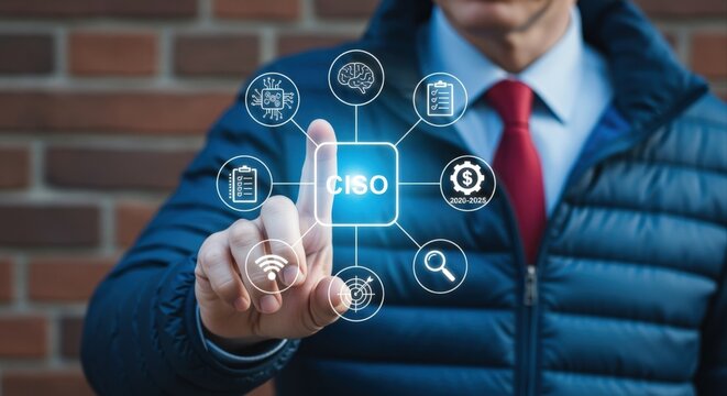 Chief Information Security Officer (CISO) concept presented by professional in modern office setting showcasing data protection and cybersecurity