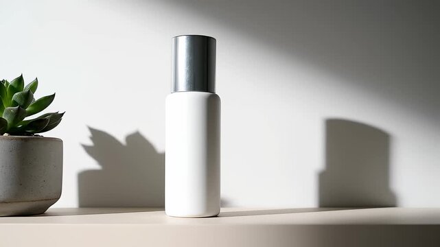 Minimalist white cosmetic product bottle mockup with metallic cap next to a succulent plant in a concrete pot, featuring harsh sunlight and dramatic shadows.