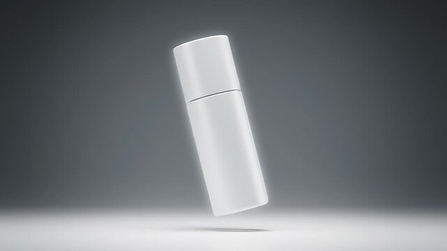 Minimalist 3D render of white cosmetic spray bottle floating with glowing outline on a dark gradient background, ideal for beauty and advertising mockups and product presentation.