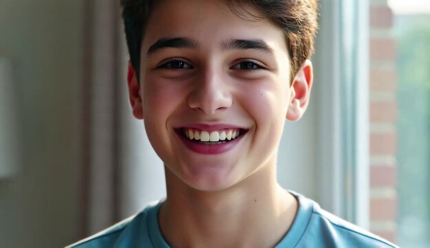 Fr&ouml;hlicher Teenager Junge l&auml;chelt freundlich in die Kamera