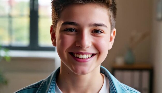 lachender Junge in Jeansjacke vor hellem Hintergrund