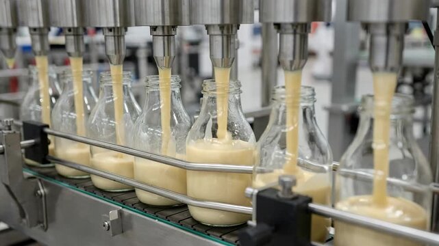 Shot of widemouth glass bottles being carefully filled with thick dressing at an automated inline filling station showcasing industrial food packaging efficiency.