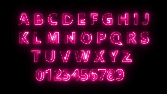 Neon Pink Glowing Alphabet Letters and Numbers on Dark Background Digital Typography Animation