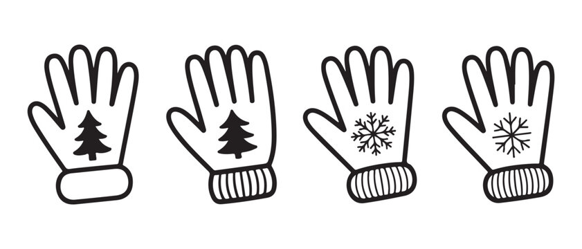 Christmas Winter Gloves and Mittens Vector Illustration Set with Snowflake and Pine Tree Designs.