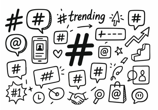 hand drawn doodle vector set of hashtags, mentions, and social media icons isolated on white background
