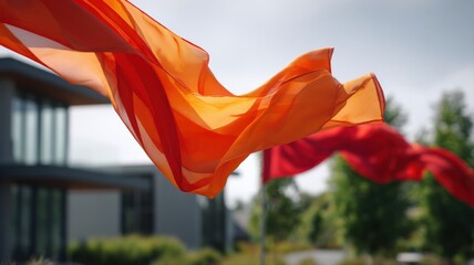 Flowing Orange Fabric Against Modern Architecture: A Symbol of Freedom, Creativity, and Movement